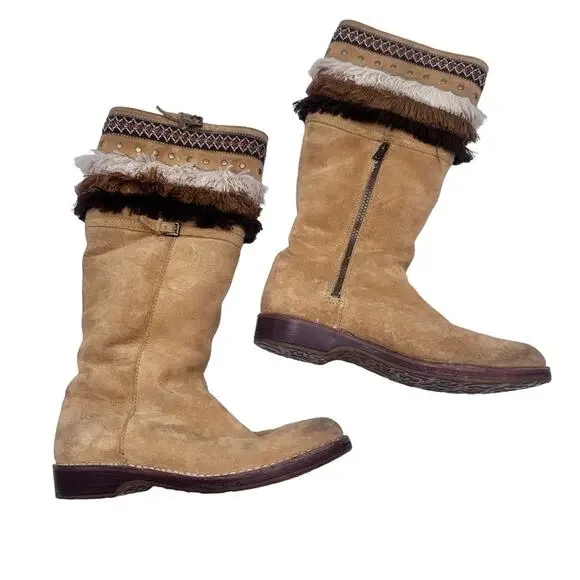 UGG 'Kiera' WOMEN's Tan Suede Shearling Lined Fringe Boho Knee-High Boots SIZE 8 - Picture 4 of 14